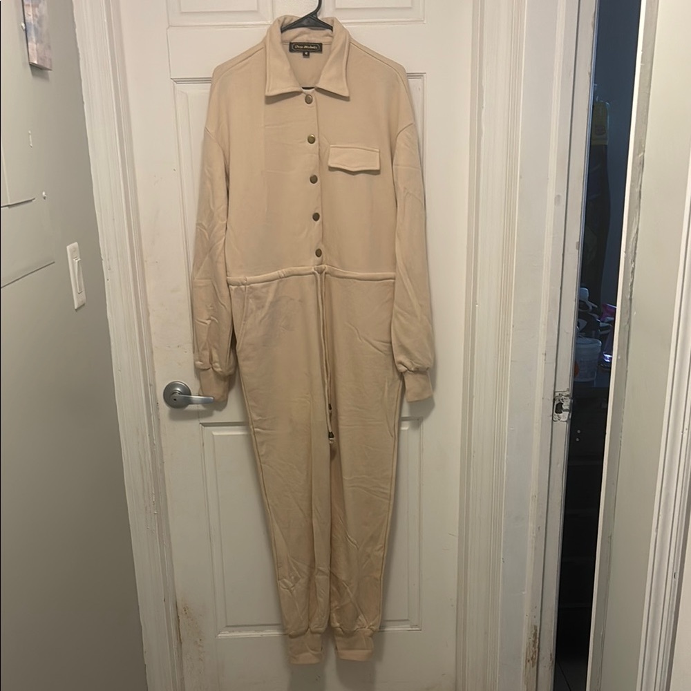 Beige Button-Up Jumpsuit